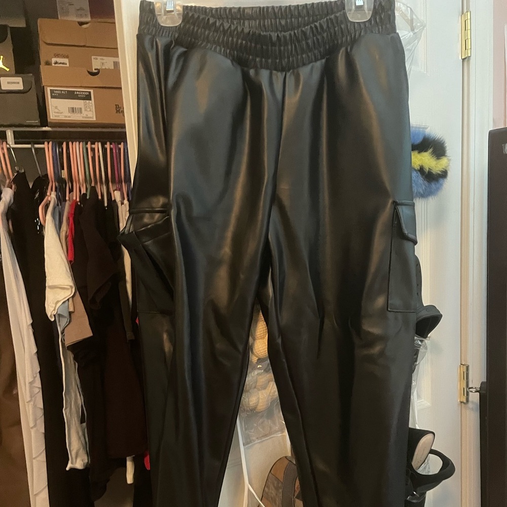 Black leather cargo pants